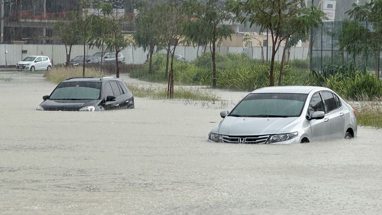 Cars hit by flooding in Dubai. Pic: Reuters