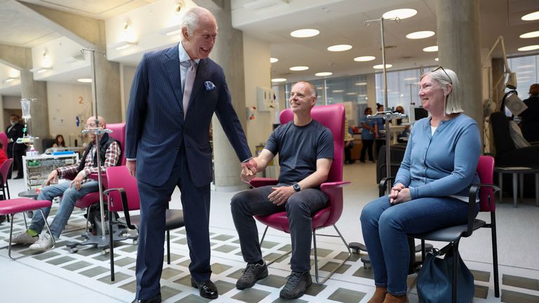 King Charles and Queen Camilla meet with patients during a visit to the University College Hospital Macmillan Cancer Centre..
Pic: Reuters eiqrtiqzqihdinv