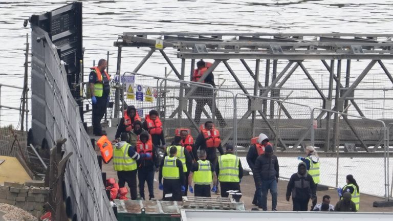 A group of people thought to be migrants are brought in to Dover, Kent, by the Border Force following a small boat incident in the Channell.
Pic: PA
