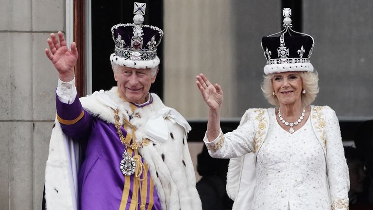 The King and Queen on Coronation day on the Buckingham Palace balcony. Pic: PA