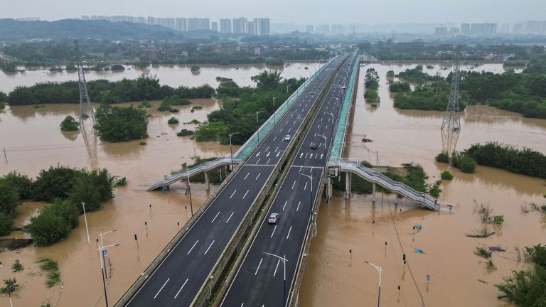 A drone view shows roads are submerged in floodwaters following heavy rainfall, in Qingyuan, Guangdong province, China. Pic: Reuters