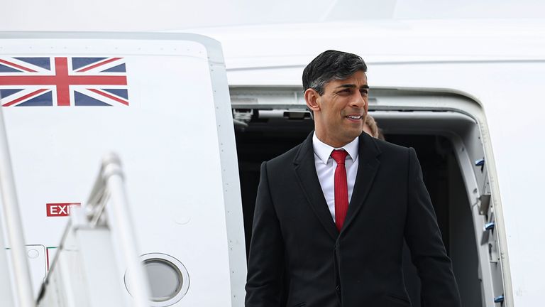 Rishi Sunak arrives at Warsaw Chopin airport in Warsaw during a visit to Poland.
Pic: PA