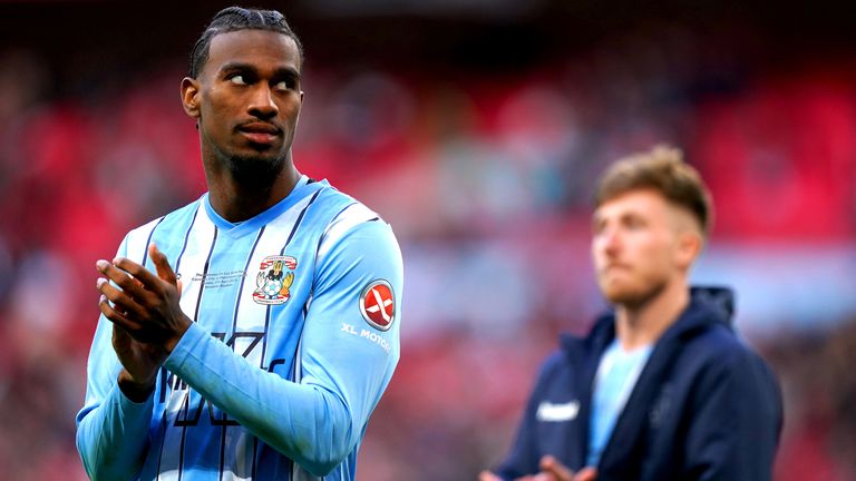 Coventry&#39;s Haji Wright  - who scored their injury time penalty - applauding fans at the end of the match.  Pic: Bradley Collyer/PA Wire