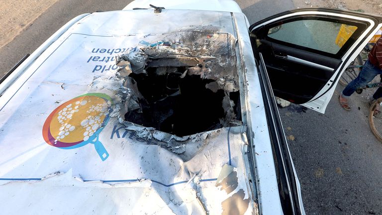 The  damaged vehicle where employees from the World Central Kitchen (WCK), including foreigners, were killed.
Pic: Reuters