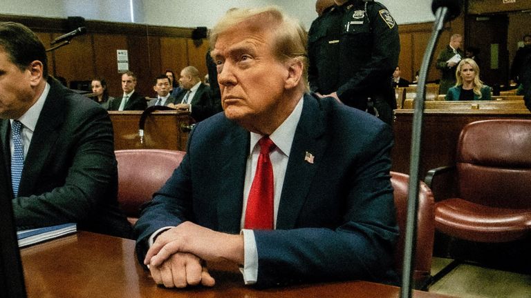 Pic: Reuters
MANHATTAN, NEW YORK - APRIL 23: Former U.S. president and Republican presidential candidate Donald Trump sits in court before the start of proceedings at Manhattan Criminal Court for falsifying documents related to hush money payments, in New York, U.S., April 23, 2024. John Taggart/Pool via REUTERS