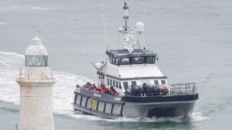 A group of people thought to be migrants are brought in to Dover, Kent, onboard a Border Force vessel following a small boat incident in the Channel. Picture date: Saturday March 30, 2024.

