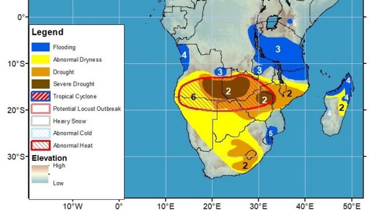 A huge swathe of southern Africa is suffering from abnormally dry conditions. Pic: NOAA/USAID/ EWS-NET