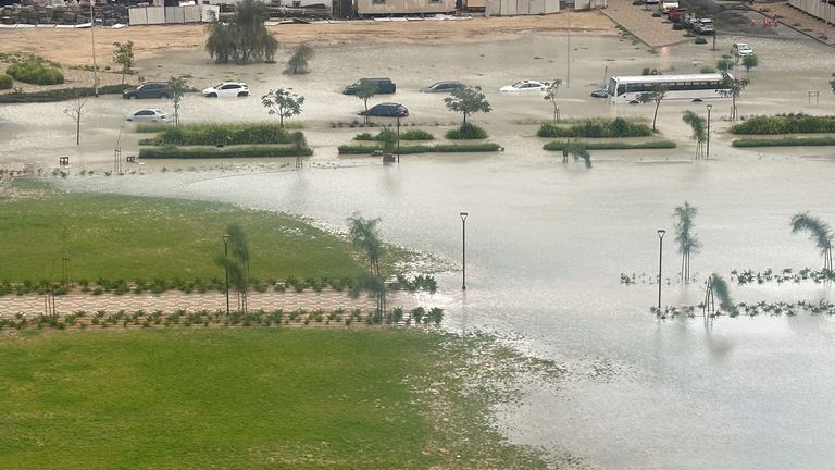 Cars drive through a flooded street during a rain storm in Dubai.
Pic: Reuters