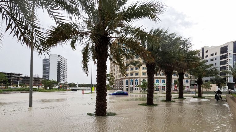 A person rides a motorcycle near a flooded street during a rain storm in Dubai.
Pic: Reuters