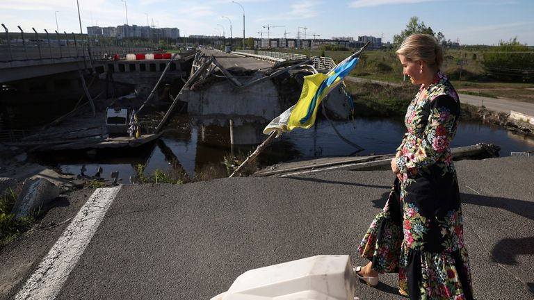 Duchess of Edinburgh visits the Romanivska Bridge in the town of Irpin. Pic: AP