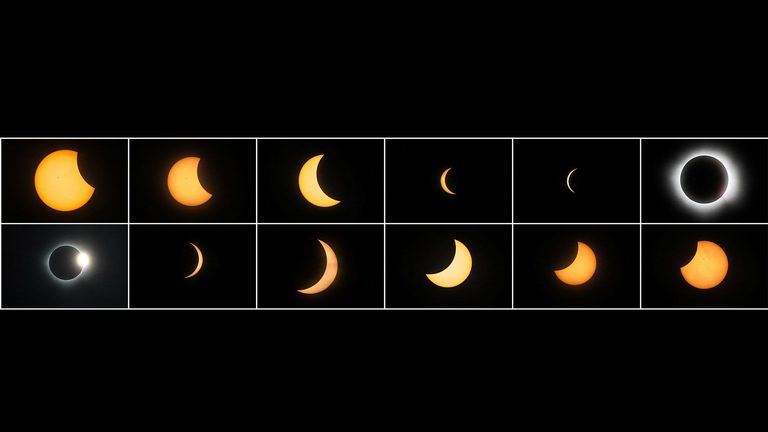 A combination of pictures shows the beginning to the end (top L to bottom R) of a total solar eclipse seen from Mazatlan, Mexico April 8, 2024. REUTERS/Henry Romero