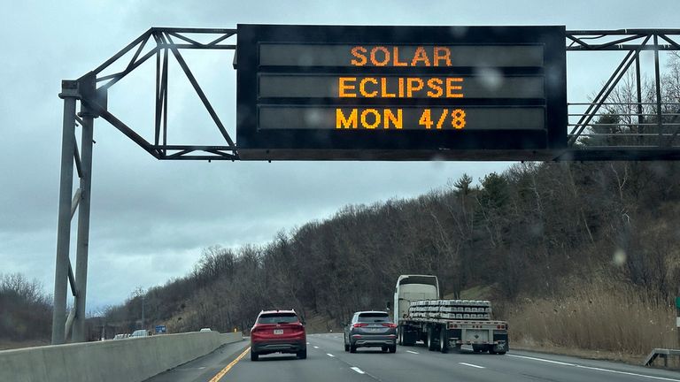 A sign on Interstate 81 in Binghamton, New York. ahead of the eclipse. Pic: AP