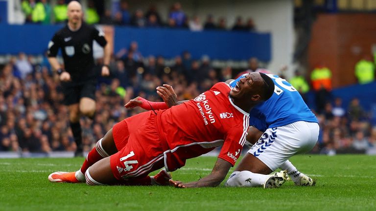 Nottingham Forest say they should have been awarded three penalties over fould committed by Everton&#39;s Ashley Young. Pic: Reuters