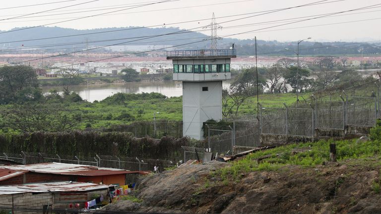 A general view of the watchtower overlooking the Zonal 8 prison, from where Jose Adolfo Macias alias "Fito" disappeared almost a week ago after at least five inmates escaped, according to police reports, in Guayaquil, Ecuador, January 13, 2024. REUTERS/Henry Romero

