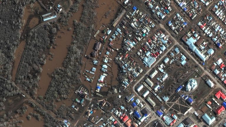 Flooded areas in Sorochinsk. Pic: Maxar Technologies/AP
