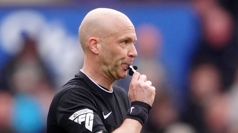 Referee Anthony Taylor during the Premier League match at Goodison Park, Liverpool. Picture date: Sunday April 21, 2024. PA Photo. See PA story SOCCER Everton. Photo credit should read: Peter Byrne/PA Wire...RESTRICTIONS: EDITORIAL USE ONLY No use with unauthorised audio, video, data, fixture lists, club/league logos or "live" services. Online in-match use limited to 120 images, no video emulation. No use in betting, games or single club/league/player publications.