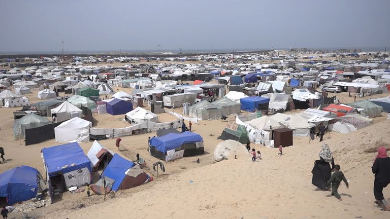A sprawling tent camp in the southern tip of Gaza