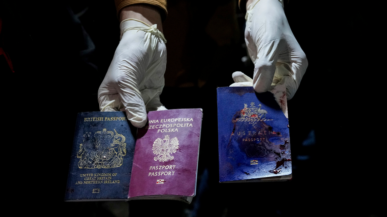 The blood-stained British, Polish, and Australian passports of aid workers killed by Israel. Pic: AP