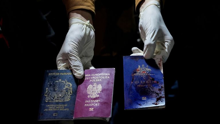 The blood-stained passports of three of the aid workers killed by Israel. Pic: AP