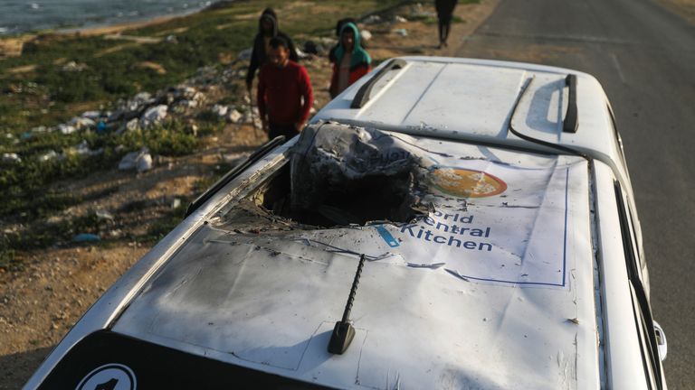 A World Central Kitchen vehicle wrecked by an Israeli strike. Pic: AP