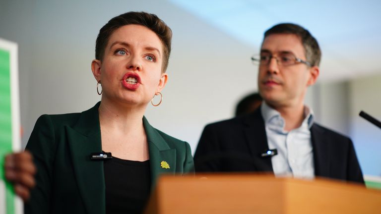 Green Party co-leaders Carla Denyer and Adrian Ramsay speak at their local election campaign launch.
Pic: PA