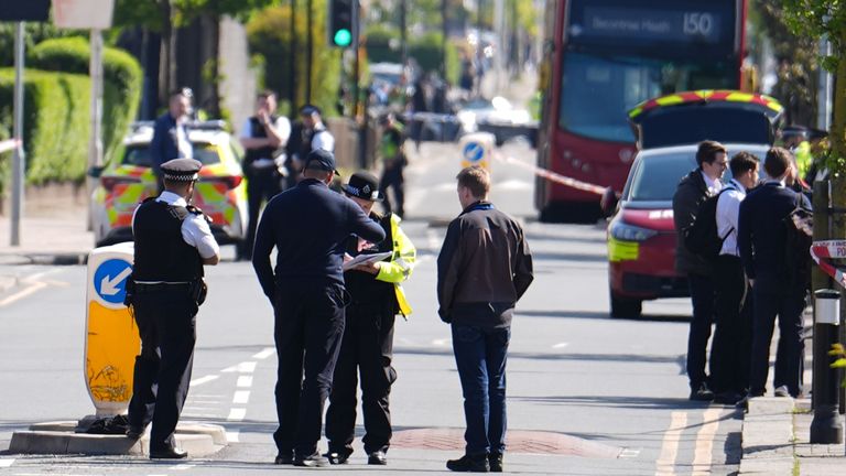 Pic: Jordan Pettitt/PA 
Police at the scene in Hainault, north east London, after reports of several people being stabbed at a Tube station. A 36-year-old man wielding a sword was arrested following the attack on members of the public and two police officers. Picture date: Tuesday April 30, 2024. PA Photo. See PA story POLICE Hainault. Photo credit should read: Jordan Pettitt/PA Wire