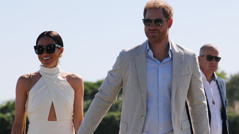 The Duke and Duchess of Sussex arrive at the Royal Salute Polo Challenge, benefiting Sentebale, at the USPA National Polo Center in Wellington, Florida, USA.  Photo date: Friday, April 12, 2024.