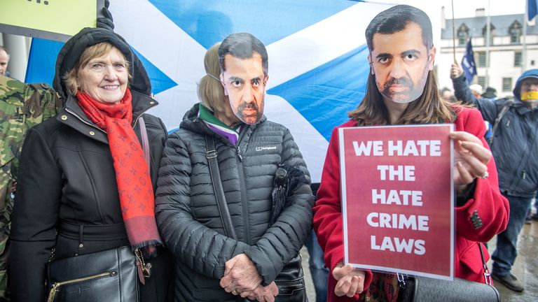 Campaigners gather outside the Scottish Parliament at Holyrood in Edinburgh, to mark the introduction of the Hate Crime and Public Order (Scotland) Act. The act consolidates existing hate crime legislation and creates a new offence of stirring up hatred against protected characteristics. Picture date: Monday April 1, 2024.