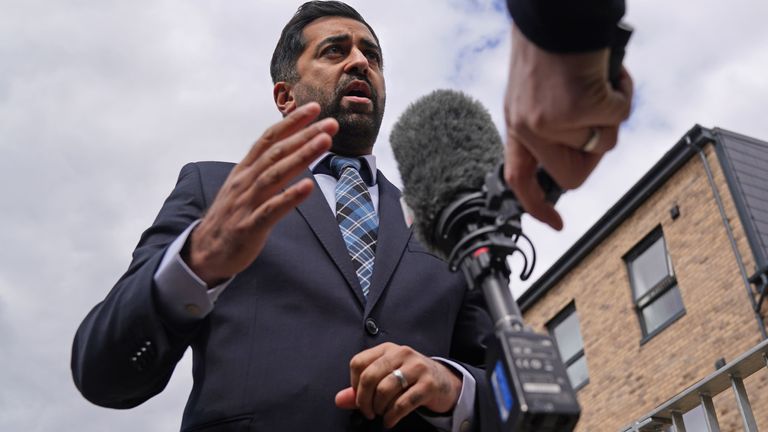 First Minister Humza Yousaf speaking to the media during a visit to the Hillcrest Homes housing development.
Pic: PA
