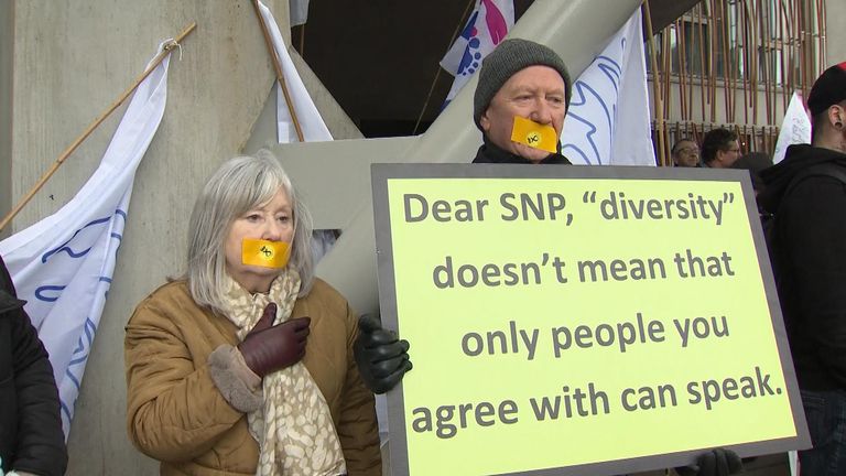 Protesters outside Holyrood demonstrating against the new hate crime laws