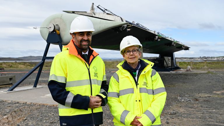 First Minister Humza Yousaf with Smart Green Shipping CEO Diane Gilpin during the launch of FastRig wingsail, at Hunterston Parc near West Kilbride. Created by Smart Green Shipping, the Fastrig wingsail is intended to be retrofitted on the decks of tankers and bulk carriers and can be raised or lowered as needed. Picture date: Wednesday April 17, 2024.