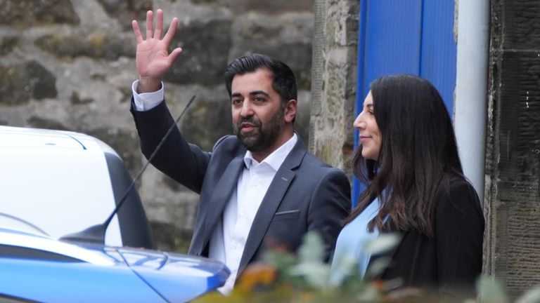 First Minister Humza Yousaf and his wife Nadia El-Nakla leaving Bute House, the official residence of First Minister, after he announced that he will resign as SNP leader and Scotland&#39;s First Minister, avoiding having to face a no confidence vote in his leadership. Mr Yousaf&#39;s premiership has been hanging by a thread since he ended the Bute House Agreement with the Scottish Greens last week. Picture date: Monday April 29, 2024.