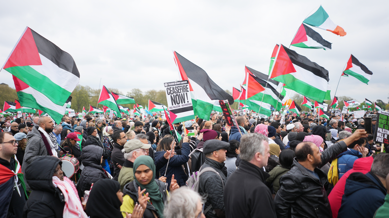 People take part in a pro-Palestine march Hyde Park in central London. Picture date: Saturday April…
