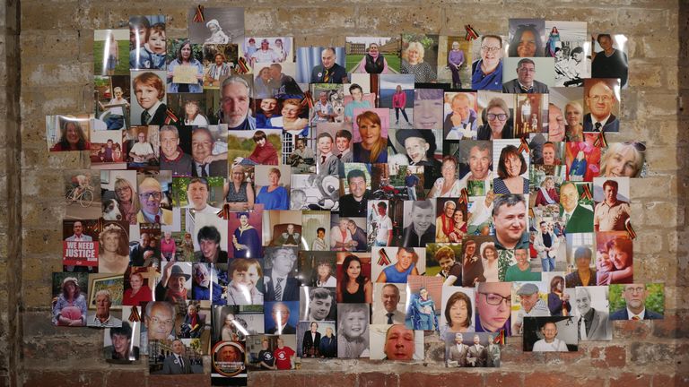 A photo wall of infected blood scandal victims