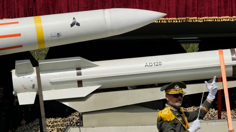 Sayyad-3 missiles are displayed during a parade at a military base in northern Tehran, Iran, Wednesday, April 17, 2024. The Sayyad-3 can be used in the Khordad-15 air defence system. Pic: AP