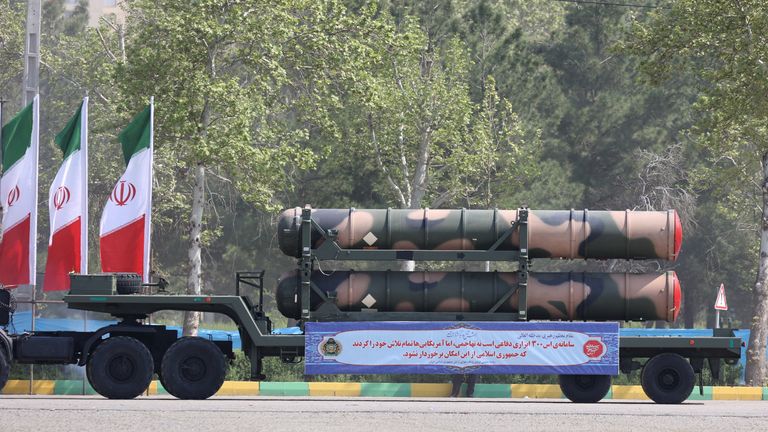 The S-300 missile system is seen during the National Army Day parade ceremony in Tehran, Iran. Pic: Reuters