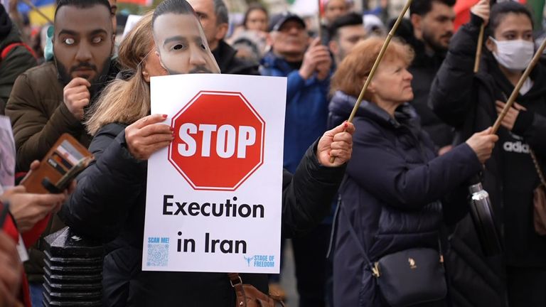 Demonstrators in London have protested against a death sentence given to a popular rapper in Iran