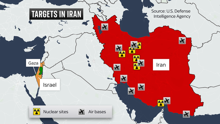 Known locations of Iranian air bases and nuclear facilities.