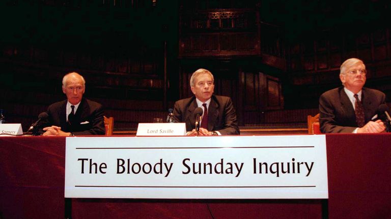 Three members of the Bloody Sunday Inquiry at a press conference in 1998. Pic: PA
