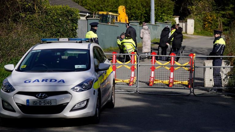 Garda and protesters near Trudder House, Newtown Mount Kennedy, Co Wicklow, which is being considered for housing for international protection applicants. Picture date: Monday April 15, 2024.

