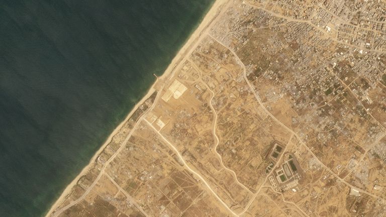 Satellite picture shows the construction of a new port in Gaza being built to allow more aid into the territory. Pic: Planet Labs PBC / AP