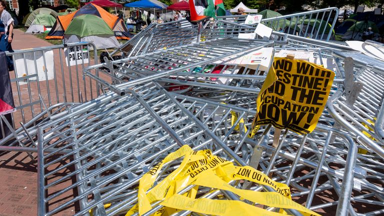 Barricades torn down by demonstrators are set up in the center of a student encampment protesting the war between Israel and Hamas at George Washington University, Monday, April 29, 2024, in Washington.  (AP Photo/Mark Schiefelbein)