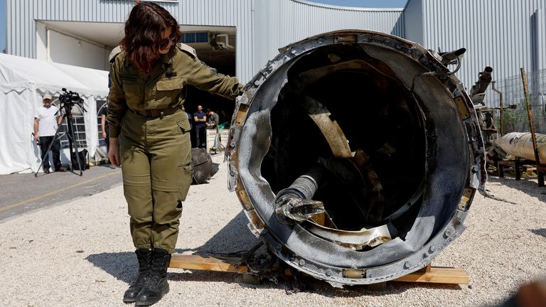 Israel&#39;s military displayed what they say is an Iranian missile retrieved from the Dead Sea. Pic: Reuters