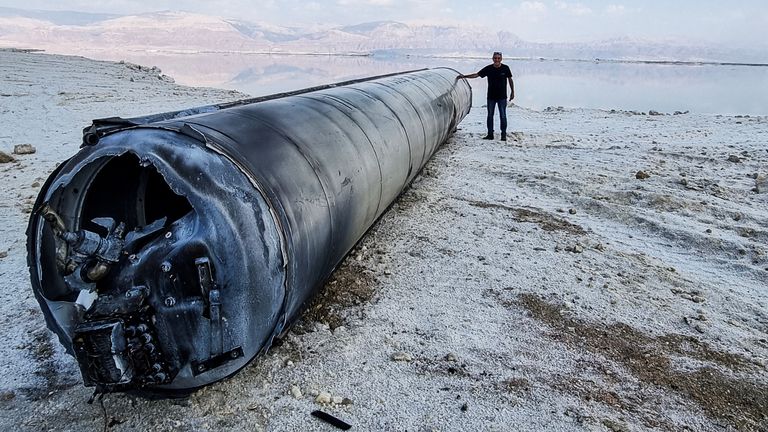 A ballistic missile lies on the shore of the Dead Sea, after Iran launched drones and missiles towards Israel, April 14, 2024. REUTERS/Alon Ben Mordechai TPX IMAGES OF THE DAY