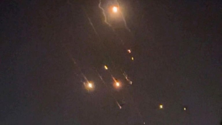 Pic: Reuters
Objects are seen in the sky over Amman after Iran launched drones towards Israel, in Amman, Jordan April 14, 2024, in this screen grab obtained from a social media video. Video Obtained by REUTERS/via REUTERS  THIS IMAGE HAS BEEN SUPPLIED BY A THIRD PARTY.