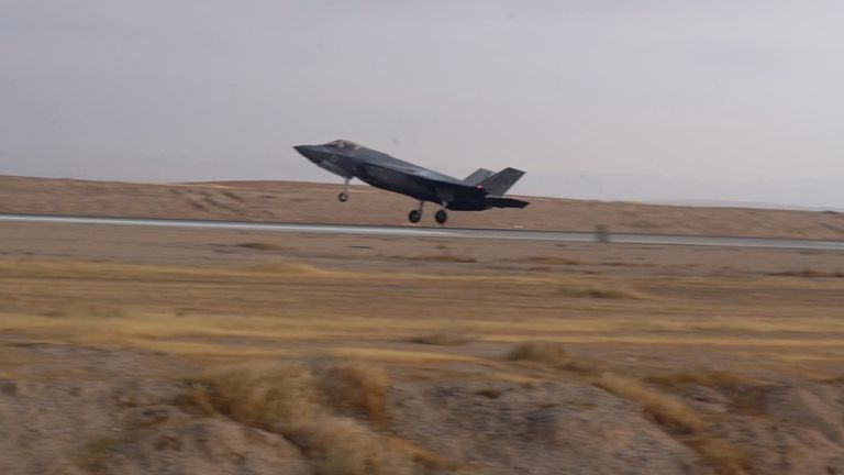 Pic: Reuters
Israeli Air Force F-35 Lightning &#39;Adir&#39; fighter jet lands at a location given as Nevatim Airbase after an aerial defense mission, in Israel, in this screen grab taken from a handout video released on April 14, 2024. Israel Defense Forces/Handout via REUTERS THIS IMAGE HAS BEEN SUPPLIED BY A THIRD PARTY