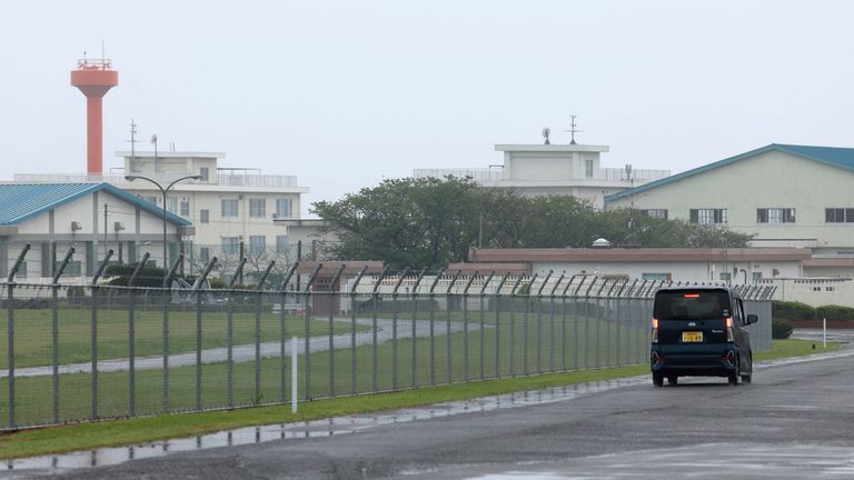 A picture shows Omura Air Base of Japan Maritime Self-Defense Force in Omura Village, Nagasaki Prefecture on April 21, 2024. Two Maritime Self-Defense Force patrol helicopters disappeared on the previous day night during an exercise above the waters east of Torishima Island, part of the Izu island chain, leaving one person dead and seven others on board missing. One of the helicopters belonged to the base. The Self-Defense Forces are searching the ocean with a destroyer and aircraft, believing that the two SH-60K helicopters may have crashed. The SDF have recovered parts of the aircraft at sea and is investigating the cause of the accident. ( The Yomiuri Shimbun via AP Images )