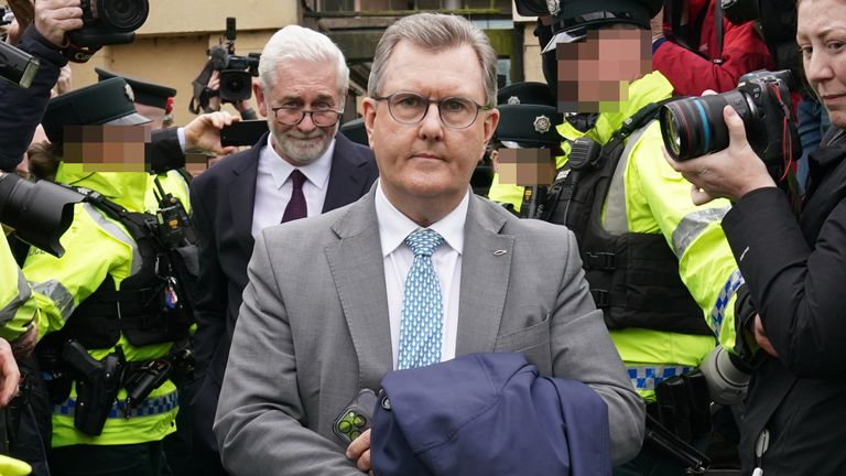 Jeffrey Donaldson leaving Newry Magistrates' Court.
Pic: PA