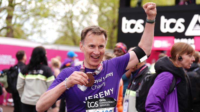Jeremy Hunt after finishing the TCS London Marathon. Picture date: Sunday April 21, 2024. Pic: PA 
