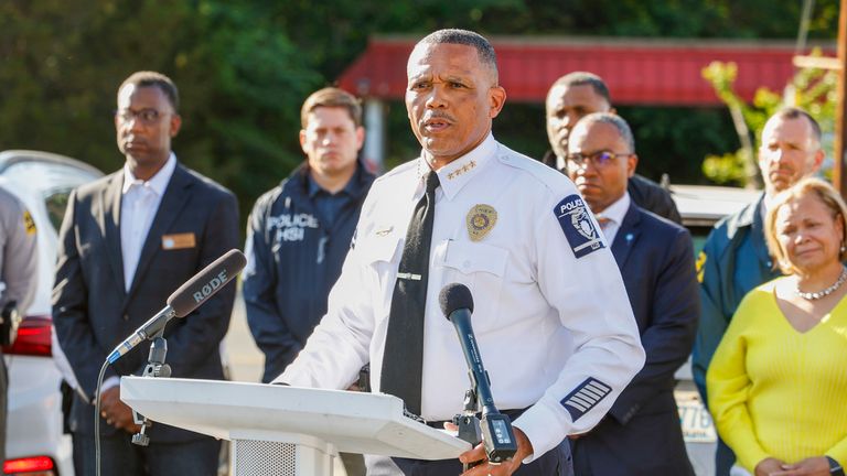 Charlotte-Mecklenburg Police Chief Johnny Jennings speaks during a news conference after several officers were shot while executing an arrest warrant in Charlotte, North Carolina, on Monday April 29, 2024. (AP Photo/Nell Redmond)